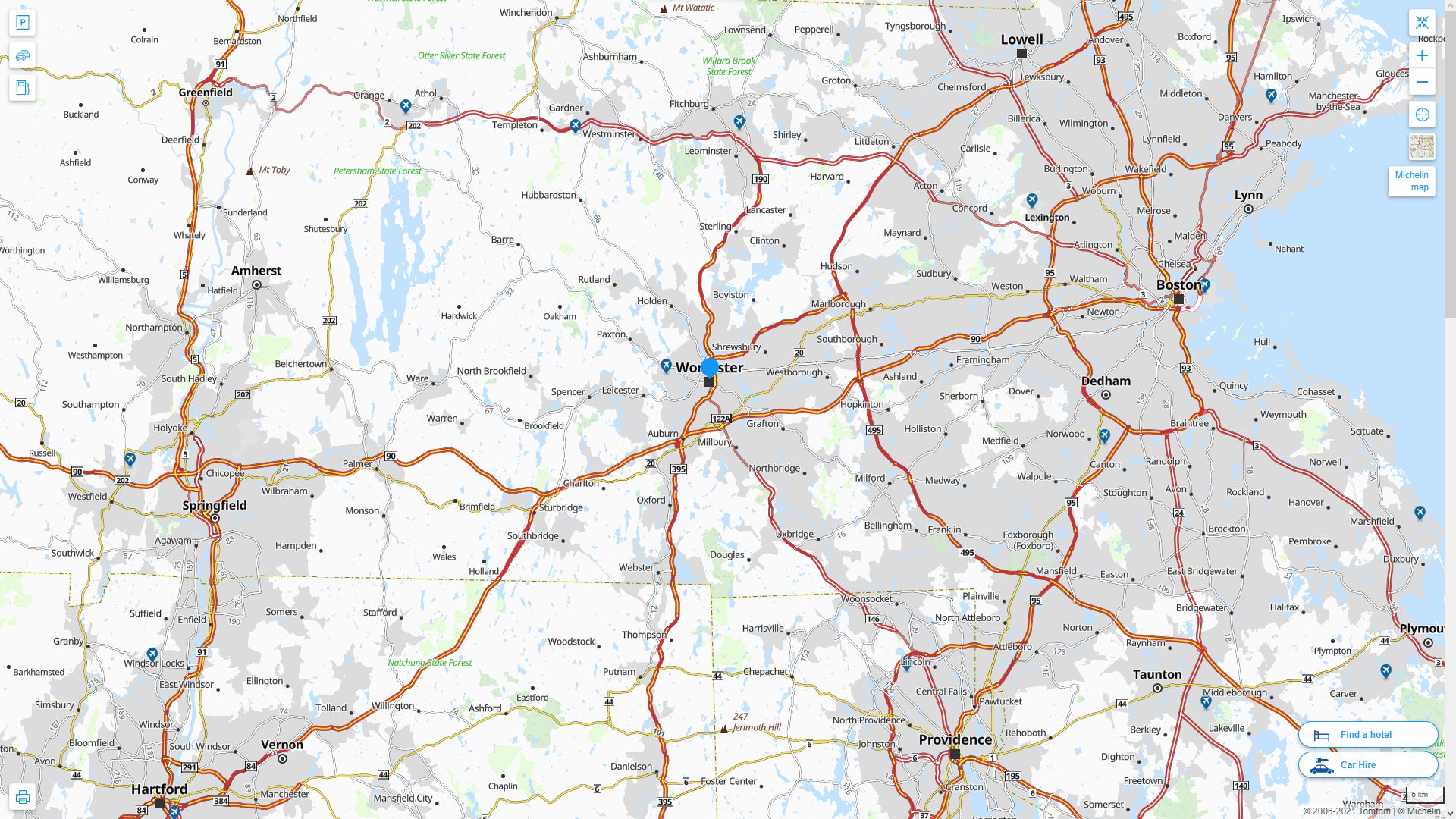 Worcester Massachusetts Highway and Road Map